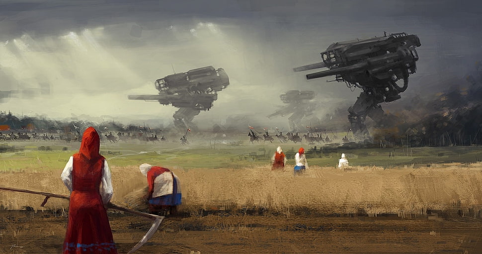 painting of farmers infront of tornadoes, dystopian, science fiction HD wallpaper