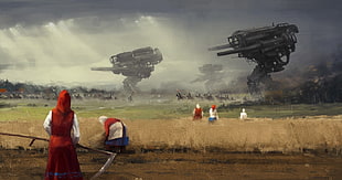 painting of farmers infront of tornadoes, dystopian, science fiction