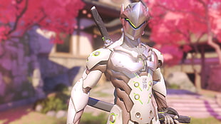 gray and white armored character digital wallpaper, Overwatch, Genji (Overwatch), Hanamura (Overwatch), Ninja
