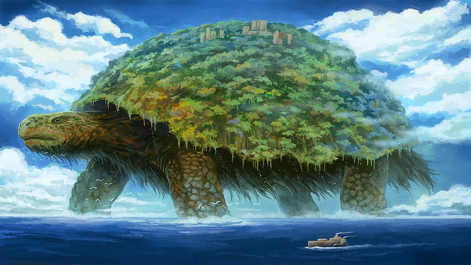 turtle island painting, digital art, nature, landscape, sea HD wallpaper
