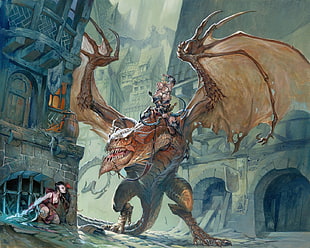 brown dragon illustration, fantasy art, warrior, dragon