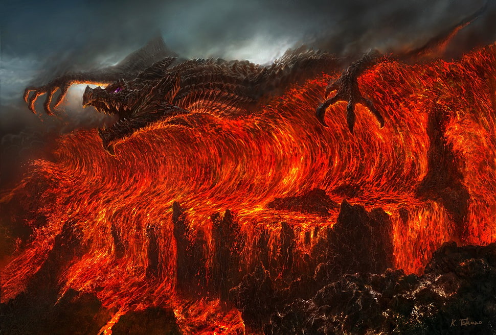 monster above lava painting, dragon, lava, fire HD wallpaper