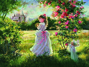 girl in white dress beside fairy painting