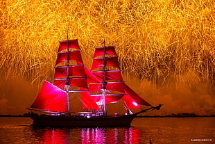 red clipper boat, sailing ship, fireworks, red, vehicle