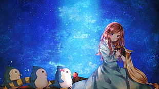 female anime character with three blue birds digital wallpaper