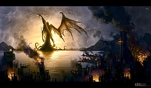 burning houses and giant wallpaper, sea, old ship, Cthulhu, fantasy art HD wallpaper