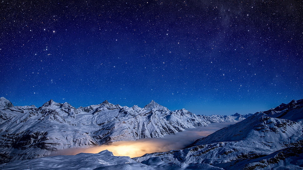 snow covered mountain, Switzerland, stars, snow, landscape HD wallpaper