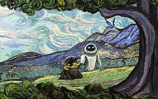 aliens near leafed tree painting, cartoon, Walt Disney, WALL·E