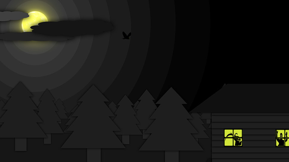 pine trees beside house digital wallpaper, dark, simple, night, Layers HD wallpaper