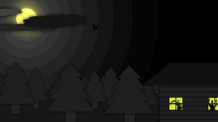 pine trees beside house digital wallpaper, dark, simple, night, Layers