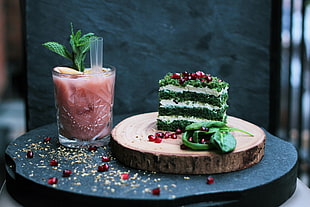 slice of cake with green and pink toppings