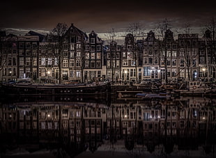 black and white concrete building, Amsterdam, Netherlands, cityscape, water