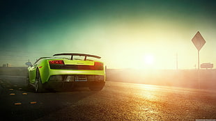 yellow sports coupe digital wallpaper, car, Lamborghini, sunset, green cars