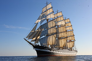 brown and white boat, sailing ship, ship, vehicle, sea