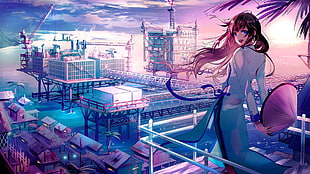 brown haired female illustration, industrial city, brunette, ribbon, clouds