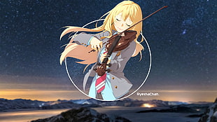 yellow haired female anime character playing violin, Shigatsu wa Kimi no Uso, Miyazono Kaori HD wallpaper