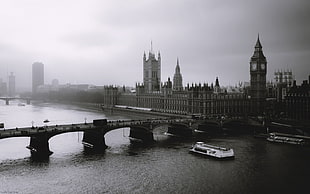 grayscale photo of Elizabeth tower, Westminster, London, River Thames, Big Ben