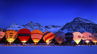 assorted-color hot air balloons, balloon, hot air balloons, evening, mountains HD wallpaper