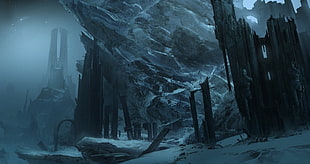 snow covered cave leading to hill digital art, fantasy art, ruin