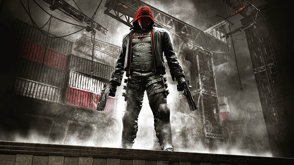man in black and red hoodie holding two black pistols video game wallpaper HD wallpaper