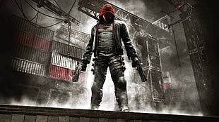 man in black and red hoodie holding two black pistols video game wallpaper