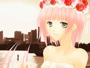 female anime character in pink short hair HD wallpaper