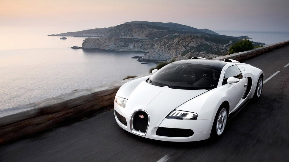white Bugatti sports car, car, Bugatti Veyron, white cars, sea HD wallpaper