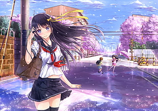 black haired female anime character wearing white and black school uniform
