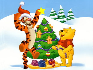 Pooh and Tigger making Christmas tree HD wallpaper