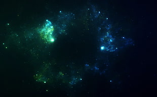 green and blue nebula, space, galaxy, fantasy art