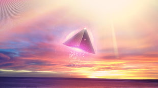 pyramid floating illustration, abstract, sunset, sky, sea HD wallpaper