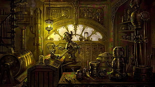 robot fixing robot inside shop illustration, robot, artwork, steampunk