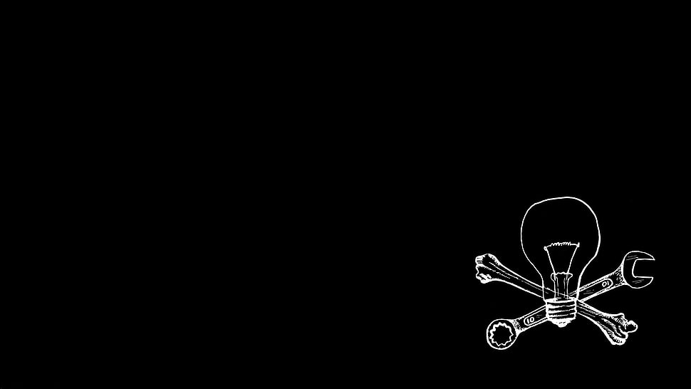 bulb, bone, and wrench digital wallpaper, digital art, black background, minimalism, drawing HD wallpaper