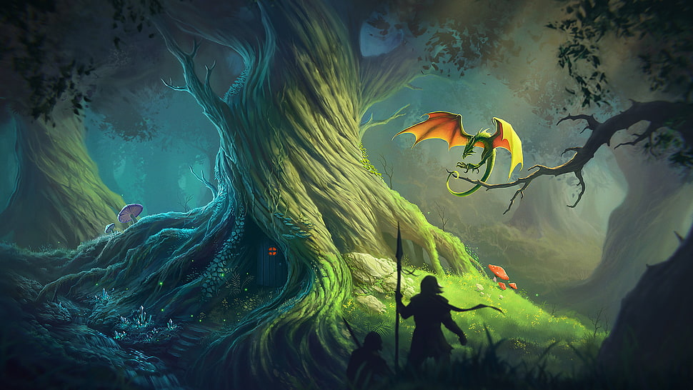 game illustration, digital art, forest, dragon, fantasy art HD wallpaper