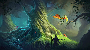 game illustration, digital art, forest, dragon, fantasy art
