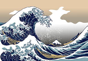 sea waves illustration, nature, blue, The Great Wave off Kanagawa HD wallpaper