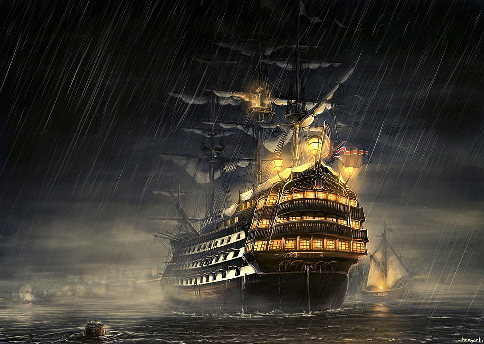 black sailing boat illustration, old ship, ship, artwork, haryarti HD wallpaper