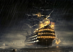 black sailing boat illustration, old ship, ship, artwork, haryarti