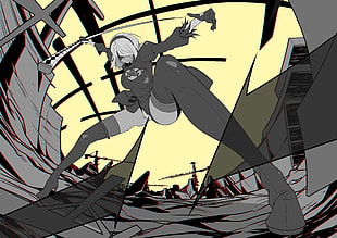 female character illustration, NieR, Nier: Automata, 2B (Nier: Automata), katana