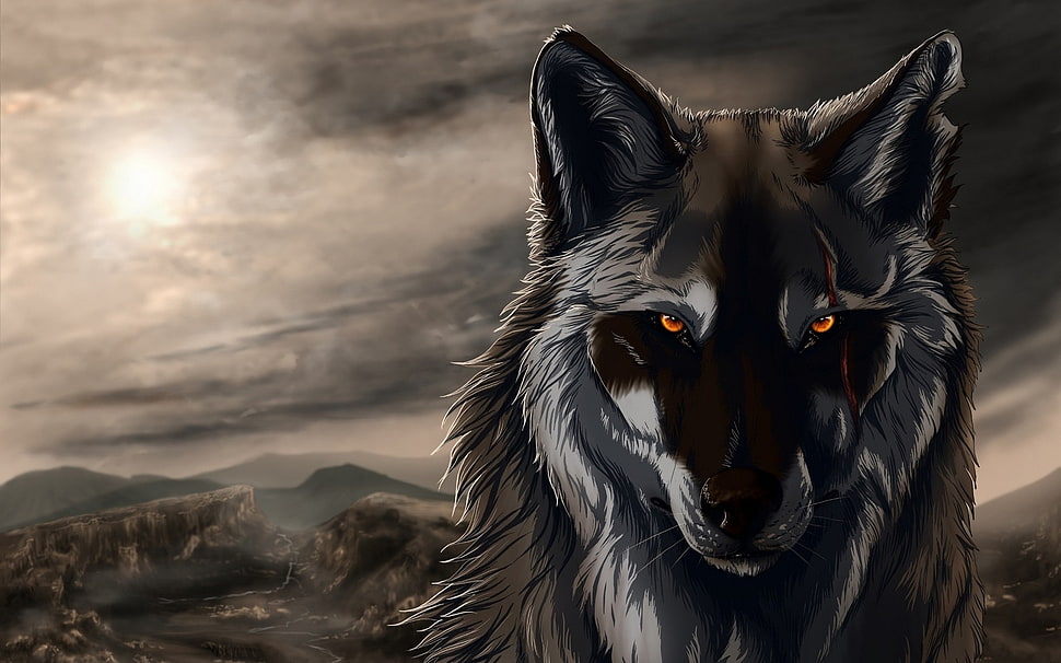 brown and white wolf illustration, wolf, artwork, digital art, animals HD wallpaper