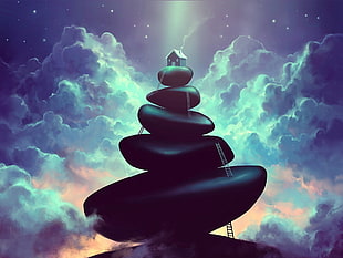 house on top of stack of rock illustration, abstract, house