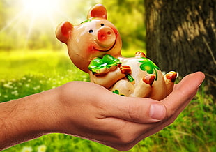 person holding white, green, and brown ceramic pig figurine