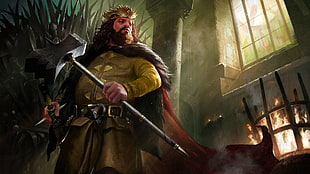 male holding axe and mallet, digital art, fantasy art, Game of Thrones, Robert Baratheon