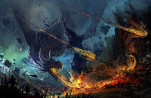 rampaging wyvern breathing fire on armies of humanoids HD wallpaper