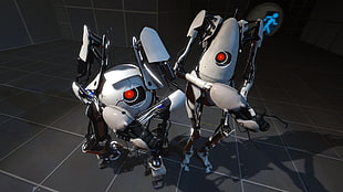 two white and gray eye robots