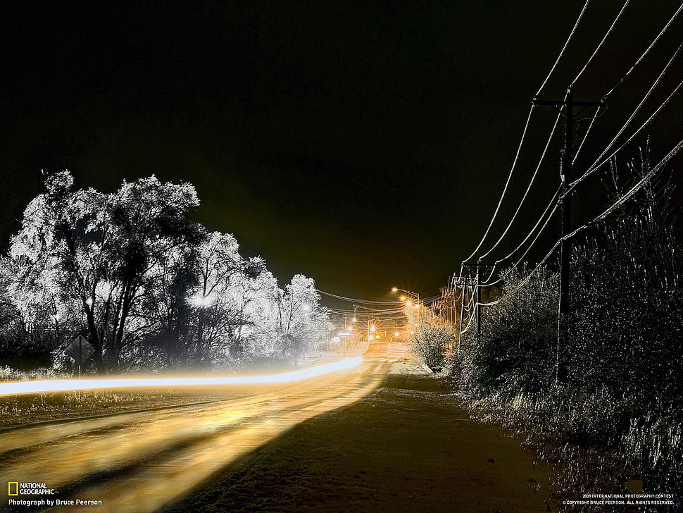 timelapse photo of road, National Geographic, power lines, light trails, road HD wallpaper