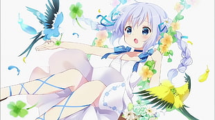 girl in purple dress anime illustration, Gochuumon wa Usagi Desu ka?, Kafuu Chino, anime girls, birds HD wallpaper