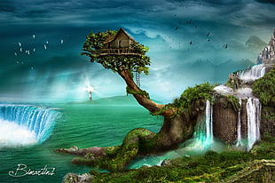 house on top of tree on top of body of water, fantasy art, artwork, digital art, pixelated