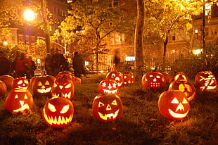 jack-o-lantern decor lot, Halloween, pumpkin, city, holiday