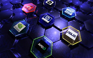 HP, Asus, and Nvidia logo, AMD, Nvidia, Intel, ASUS
